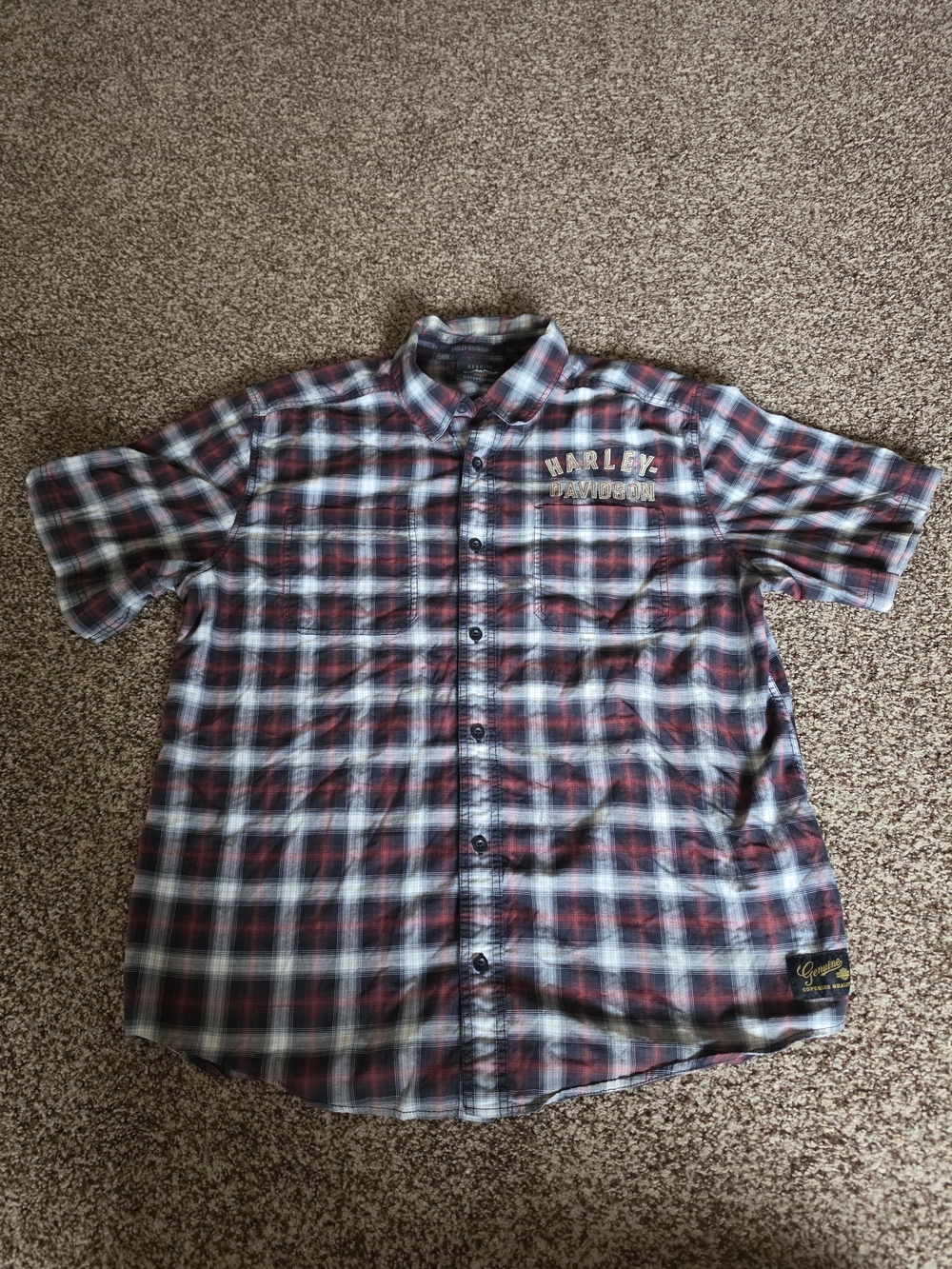 Harley Davidson Men's Embroidered Plaid Short Sleeve Shirt Size XL Red Black